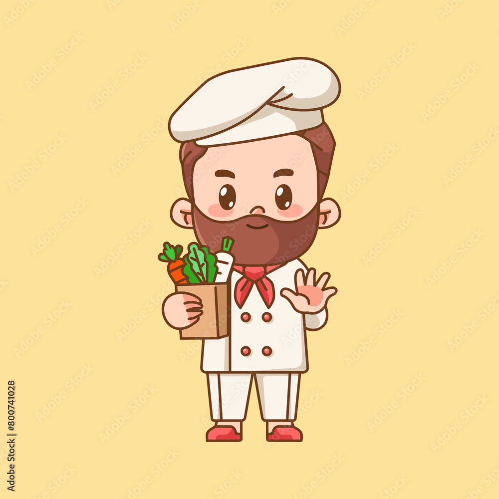 Cute chef cook vegetable shopping food kawaii chibi character mascot illustration outline style design Cute chef cook vegetable shopping food kawaii chibi character mascot illustration outline style design