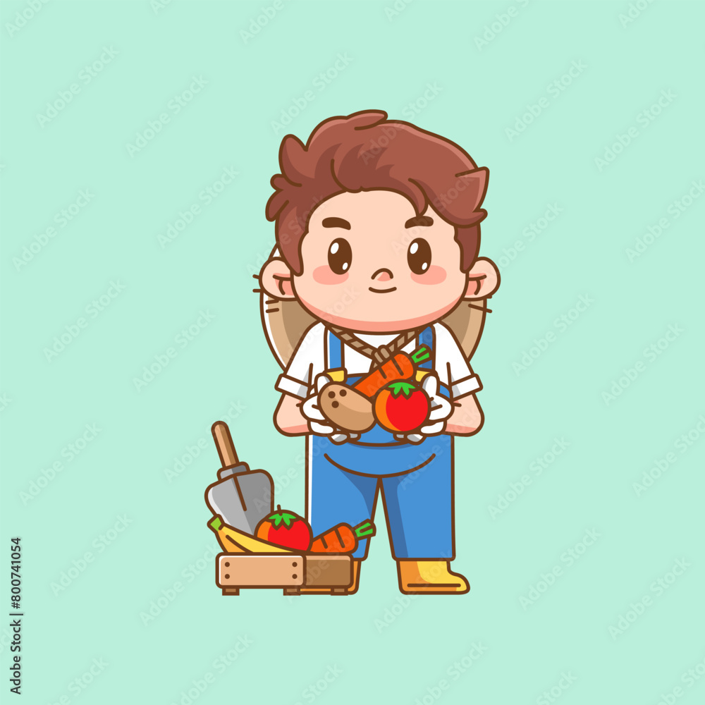 Cute farmers shows harvest fruit and vegetables kawaii chibi character mascot illustration outline style design Cute farmers shows harvest fruit and vegetables kawaii chibi character mascot illustration outline style design