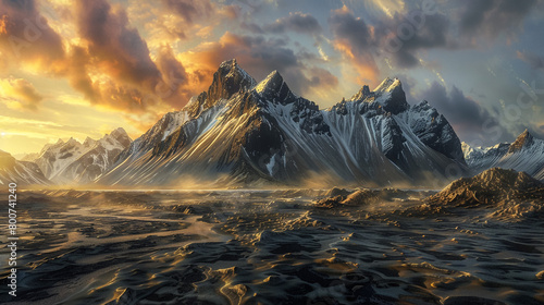 Majestic stokksnes mountains in islandia stand tall against a painted sky their snowy peaks contrasting with the dark patterned sands below the golden sunlight softly illuminates the landscape 