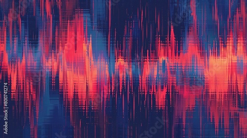 Glitch art seamless pattern, red and blue abstract lines pixels waveform, retro digital noise background, tiling texture photo