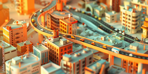  3D rendering miniature scene design, Tall buildings, A winding urban road runs through the middle, a lot of cars on the road, transparent material pipeline transports materials