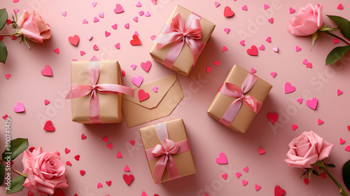 Cute Valentines day composition. Flat lay gift boxes with ribbon bow, greeting card, paper hearts, roses flowers on pastel pink background.