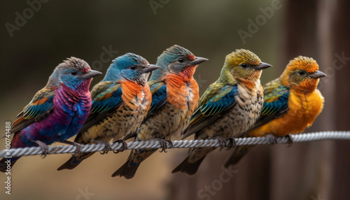 Small group of vibrant colored bee eaters perching on branch  photo