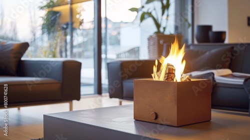 A compact freestanding fireplace featuring interchangeable modules for a customizable heating solution. 2d flat cartoon.