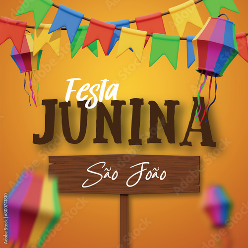 arte social media 3d festa junina, são joão, arraiá com balão bandeiras e placa de madeira 3d