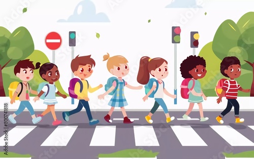 multi ethnic children crossing the road along the crosswalk. School students walking across a pedestrian crossing, educational illustration. Flat vector photo