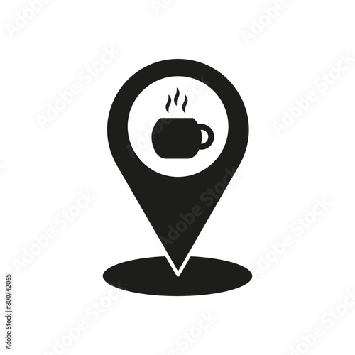 Coffee shop location pin. Hot beverage map marker. Vector cafe GPS icon.