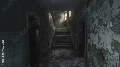 A dimly lit hallway with a staircase ascending towards a closed door at the top. The scene exudes a sense of mystery and suspense as the stairs disappear into the shadows.