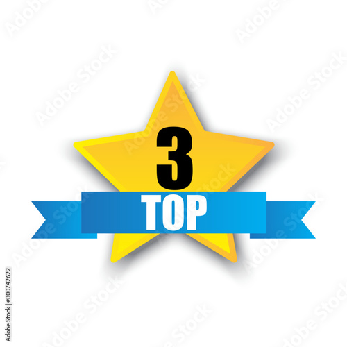 Top 3 badge icon. Yellow star with blue ribbon. Vector ranking symbol.