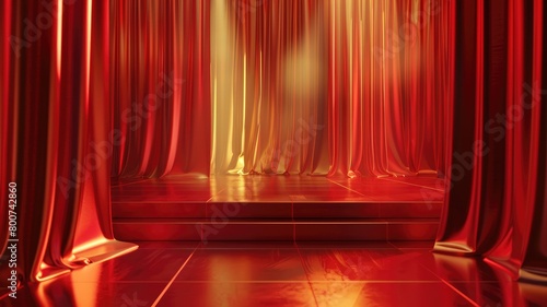 Red theatrical curtains on stage with spotlight effect