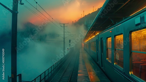 Misty train station at dusk - The warm glow of a departing train contrasts with the cool mist at a tranquil station
