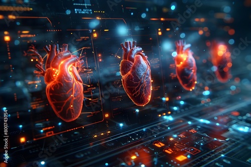 Advanced Medical Research Interface: Futuristic Hearts on a Technology Screen