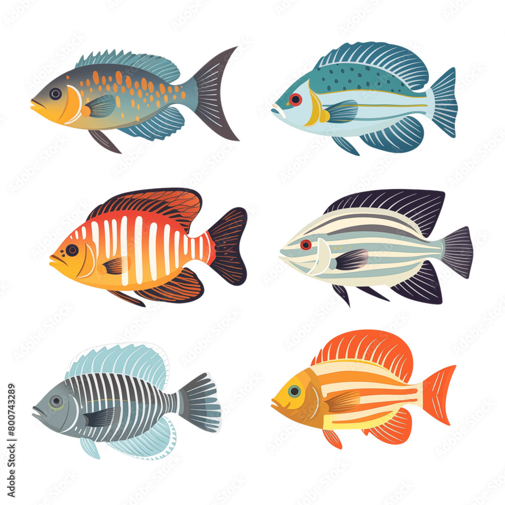 Set of cartoon fish species saltwater isolated on transparent background
