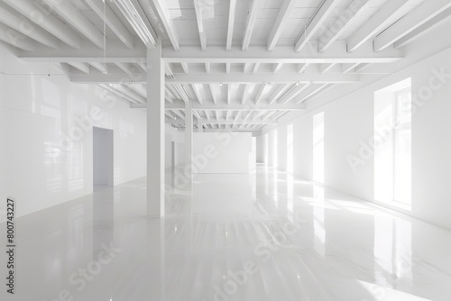 Minimalist White Interior: Reflective Floors in a Contemporary Art Gallery Museum