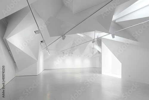 Bright Geometric Exhibition Space: Architectural Minimalism with Track Lighting
