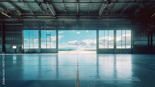 Interior view of empty airport hangar space - Vast empty interior of an airport hangar looking out to a sunny blue sky, representing potential and opportunity photo