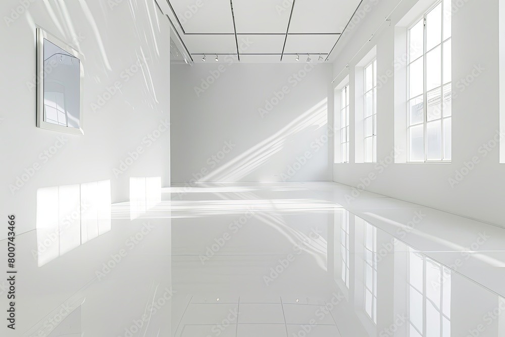 Obraz premium Reflective White Space: Modern Gallery Photography Studio with Minimalist Design and Contemporary Architecture