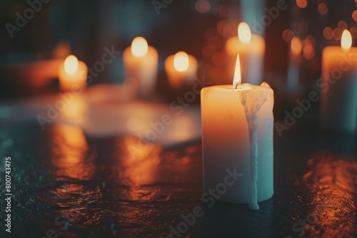 Candles Burning in the Dark with focus on single candle in foreground