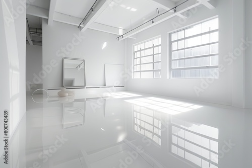 White Space Gallery: Monochromatic Interiors on Reflective Floors