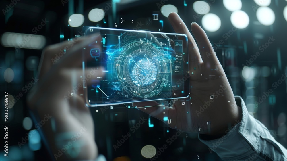 A person holds up a small device resembling a smartphone but with a sleek futuristic design using it to control and manipulate their surroundings through a direct neural interface.. A person holds up a small device resembling a smartphone but with a sleek futuristic design using it to control and manipulate their surroundings through a direct neural interface..