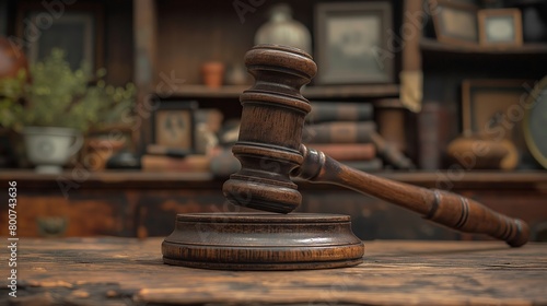 Wooden gavel on aged desk with law books in the background. Law, justice, and judiciary concept. Design for legal services, court documents, and law firm marketing.