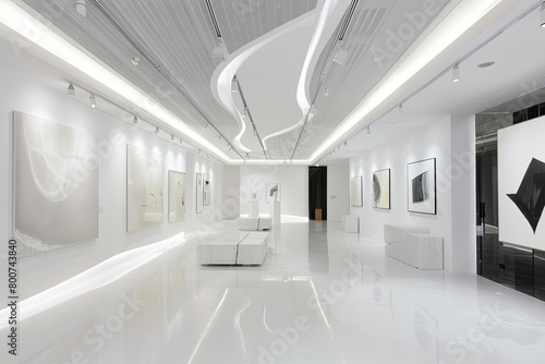 Monochromatic Gallery Luxe  White Space Interior Showcasing Minimalist Art in Bright  Clean Architecture