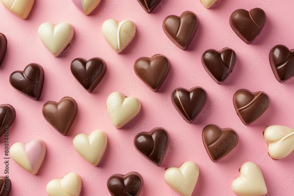 Fototapeta premium Assorted heart-shaped chocolates on a pink background.