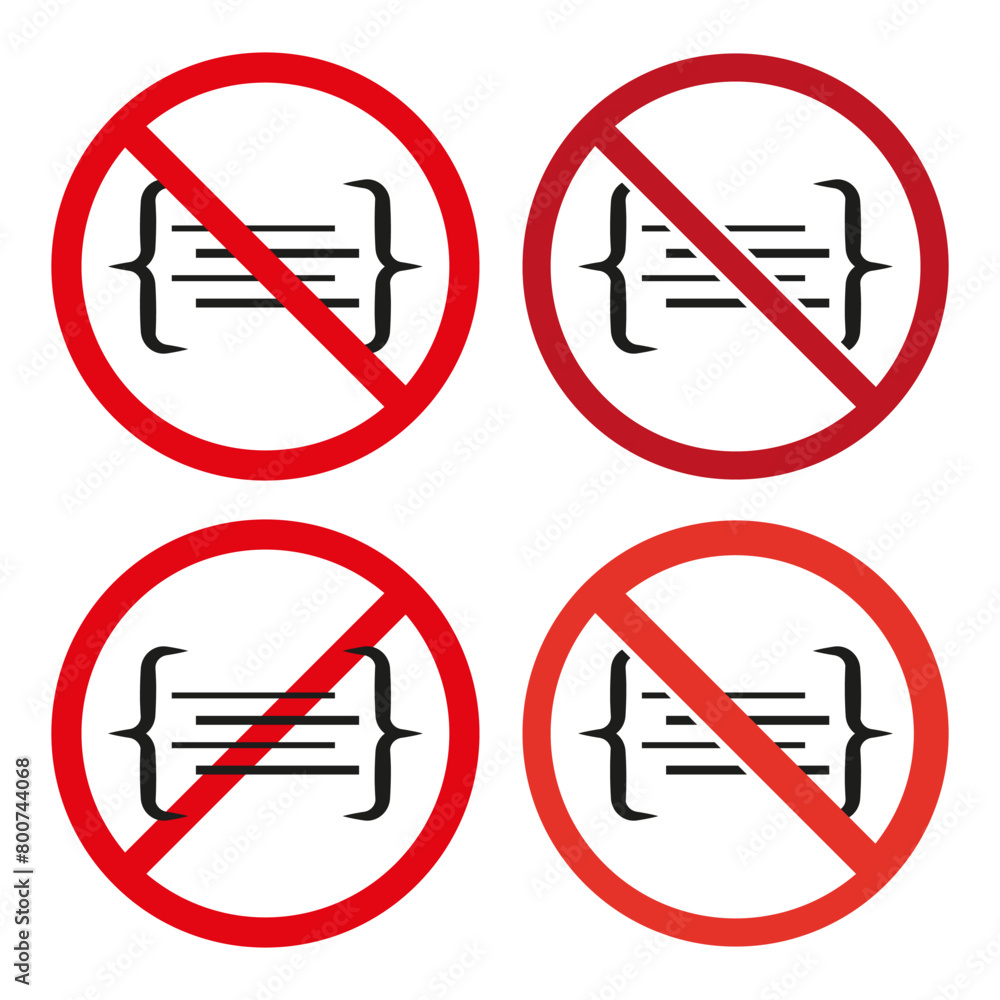 No coding allowed symbols. Prohibited software development signs. Restrictions on programming concept. Vector illustration. EPS 10. No coding allowed symbols. Prohibited software development signs. Restrictions on programming concept. Vector illustration. EPS 10.