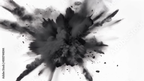 Intense black powder erupts and disperses chaotically against a bright white background, creating a striking, abstract visual. The explosive burst captures a moment of powerful, unrestrained energy.
 photo