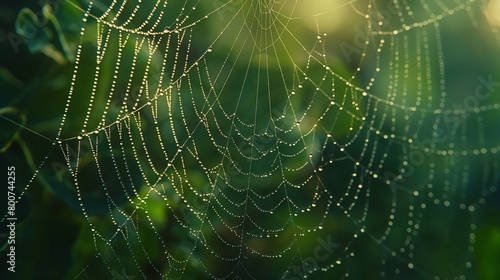 Dew on a spider web against a blurred green background with golden bokeh. Nature detail concept. Design for environmental awareness, nature backgrounds.