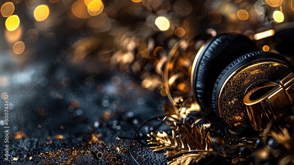 Black headphones on sparkling gold textured surface with bokeh lights in background