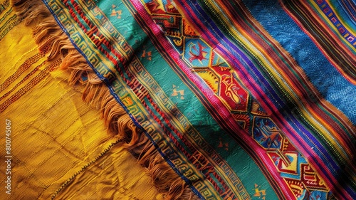 Colorful woven textiles with intricate patterns and fringe
