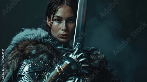 Portrait of a beautiful warrior woman holding a sword wearing steel cuirass and fur. Fantasy fashion photo