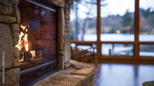 An unobstructed view of a crystalclear lake serves as the backdrop for the elegant fireplace creating a serene haven for relaxation and contemplation. 2d flat cartoon.