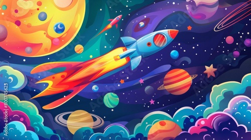 Cartoon rocket soaring through a star-filled space, AI Generative.