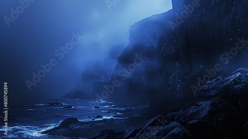 Heavy blue fog mist over seashore cliffs, seascape, dark, moody, melancholy, background, Celtic, Ireland