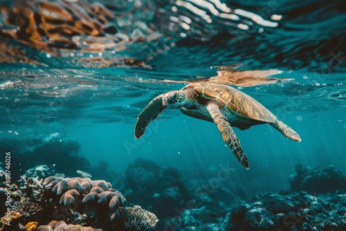 Sea turtle swimming in coral reef underwater.