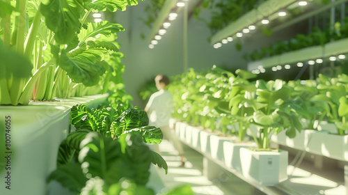 Woman science studies research in organic, hydroponic vegetables growing on indoor vertical farm. Future agricultural. Generative AI