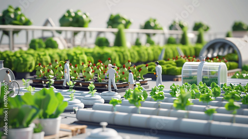 3D cartoon farmers enjoying work on organic greenery healthy food production by growing them in vertical farms. Sustainability and conservation.