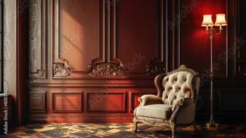 Elegant room with vintage armchair and classic wall paneling under soft lighting photo