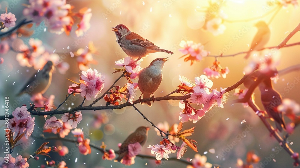 Harmony of Nature: Birds Rejoice on Branches in Spring's Glow Harmony of Nature: Birds Rejoice on Branches in Spring's Glow