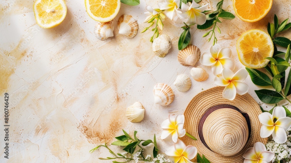 Summer beach vacation concept with citrus, flowers, and straw hat Summer beach vacation concept with citrus, flowers, and straw hat