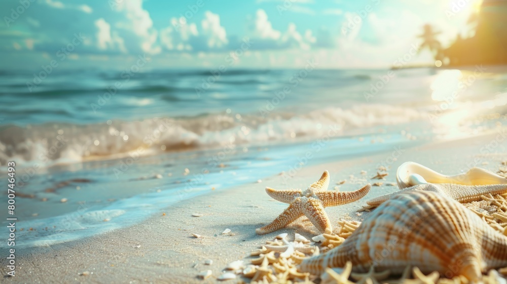 Starfish and shells on sunny beach beside gentle waves Starfish and shells on sunny beach beside gentle waves