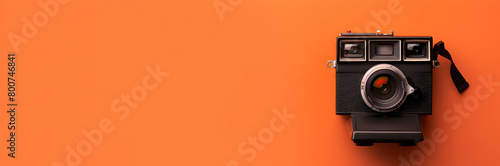 Polaroid camera web banner. Polaroid camera isolated on orange background with copy space.