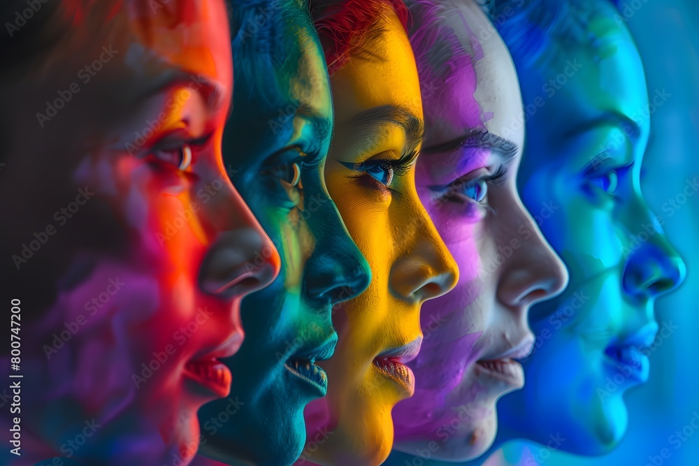 A profile view of a sequence of faces, each illuminated with a different hue that blends into the next, highlighting the contours and features in a dramatic play of color and light A profile view of a sequence of faces, each illuminated with a different hue that blends into the next, highlighting the contours and features in a dramatic play of color and light
