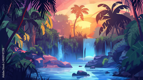 Cartoon tropical jungle forest swamp or lake landscape isolation background, Illustration