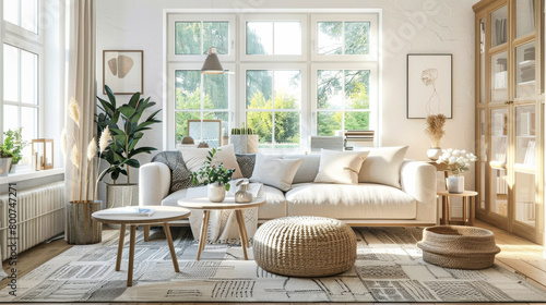A living room with a white couch, a coffee table, and a rug. The room is bright and airy, with lots of natural light coming in through the windows. The furniture is simple and clean