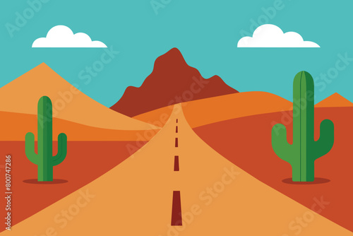 Illustration of a view of desert mountains sky and Cactus On both sides of a small road vector