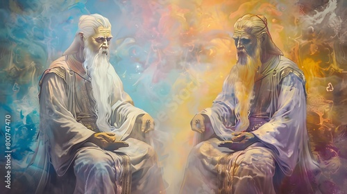 Mystical Sages Impart Ancient Wisdom in Pastel Hued Spiritual Contemplation