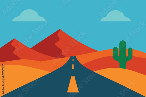 Illustration of a view of desert mountains sky and Cactus On both sides of a small road vector